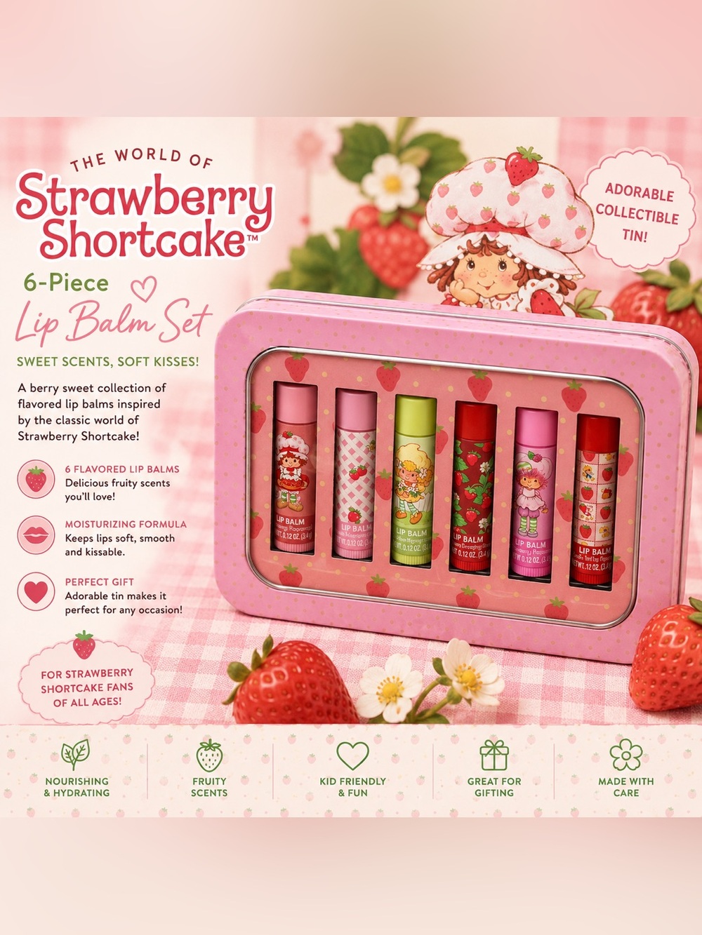 Strawberry Shortcake 6-Piece Flavored Lip Balm Set in Collectible Tin Gift - Picture 4 of 4